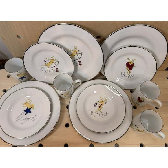 Pottery Barn Playful Reindeer Dishes Comet Vixen Blitzen Cupid 12 Piece 4 Sets - Picture 2 of 15